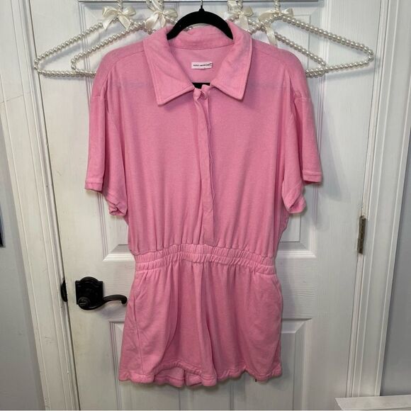 The Good American Terry Cloth Cinched Waist Pink Romper Short Sleeves - Picture 2 of 16